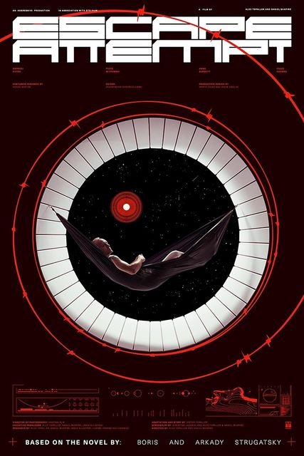 A person relaxing in a hammock in space, surrounded by a large clock face with a planetary system and celestial elements, illustrating a sci-fi theme based on the novel 'Space Aftermath' by Boris and Arkady Strugatsky.