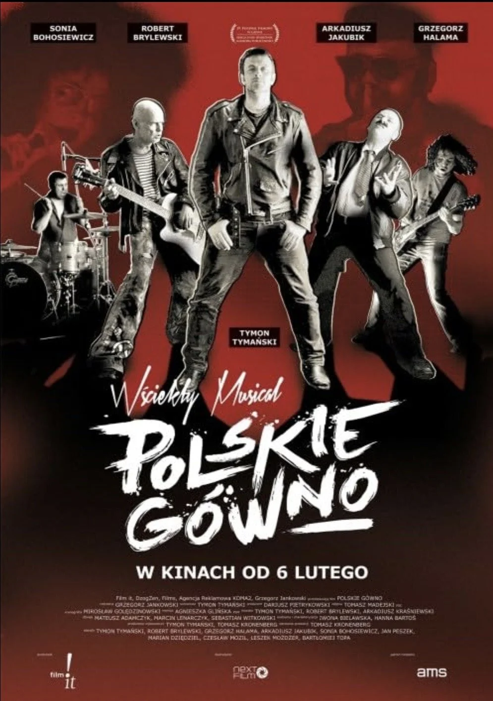 Poster for the musical "Polskie Gówno" featuring band members with musical instruments on a red and black background, with text in Polish.