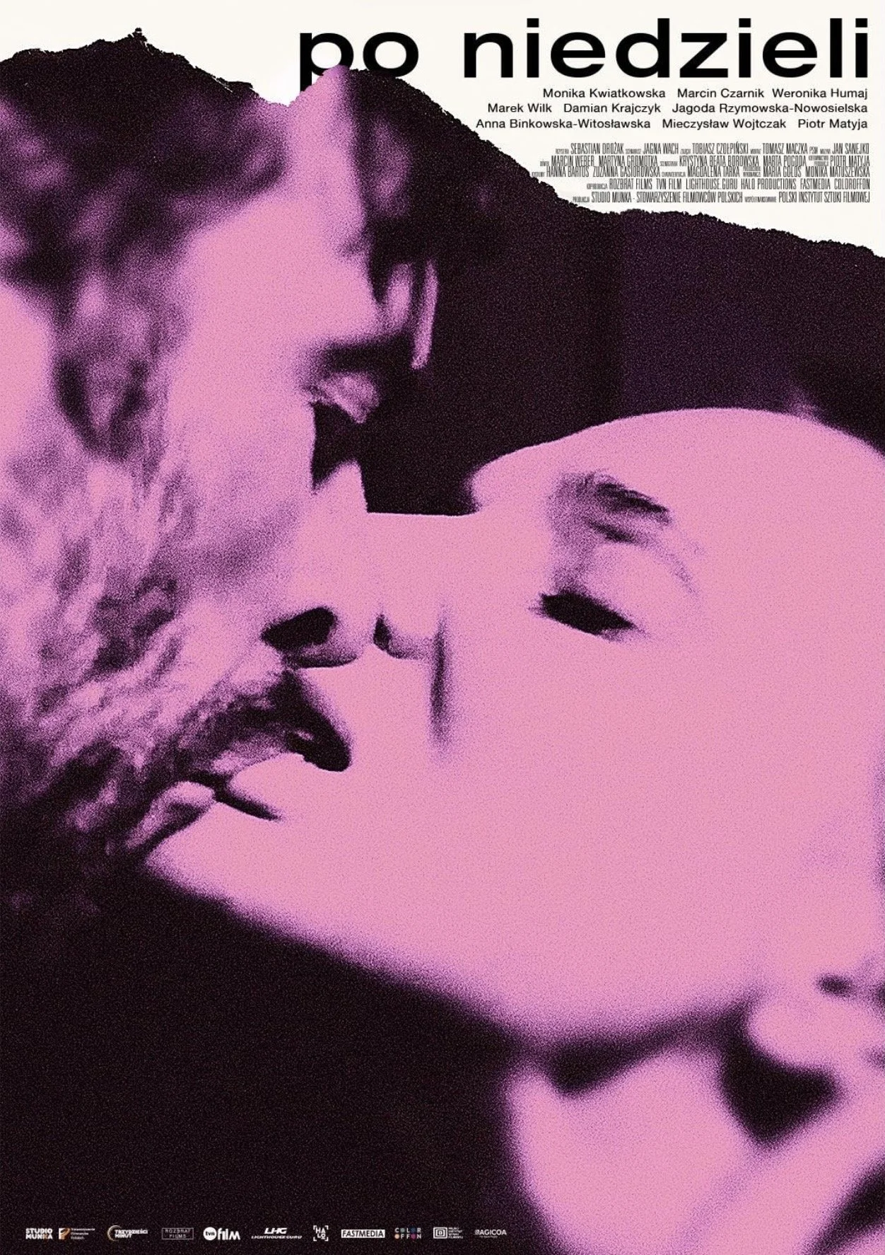 Poster featuring a stylized, artistic pink-tinted image of a person with closed eyes and an expressive face, with a black background and white text at the top reading "po niedzieli."