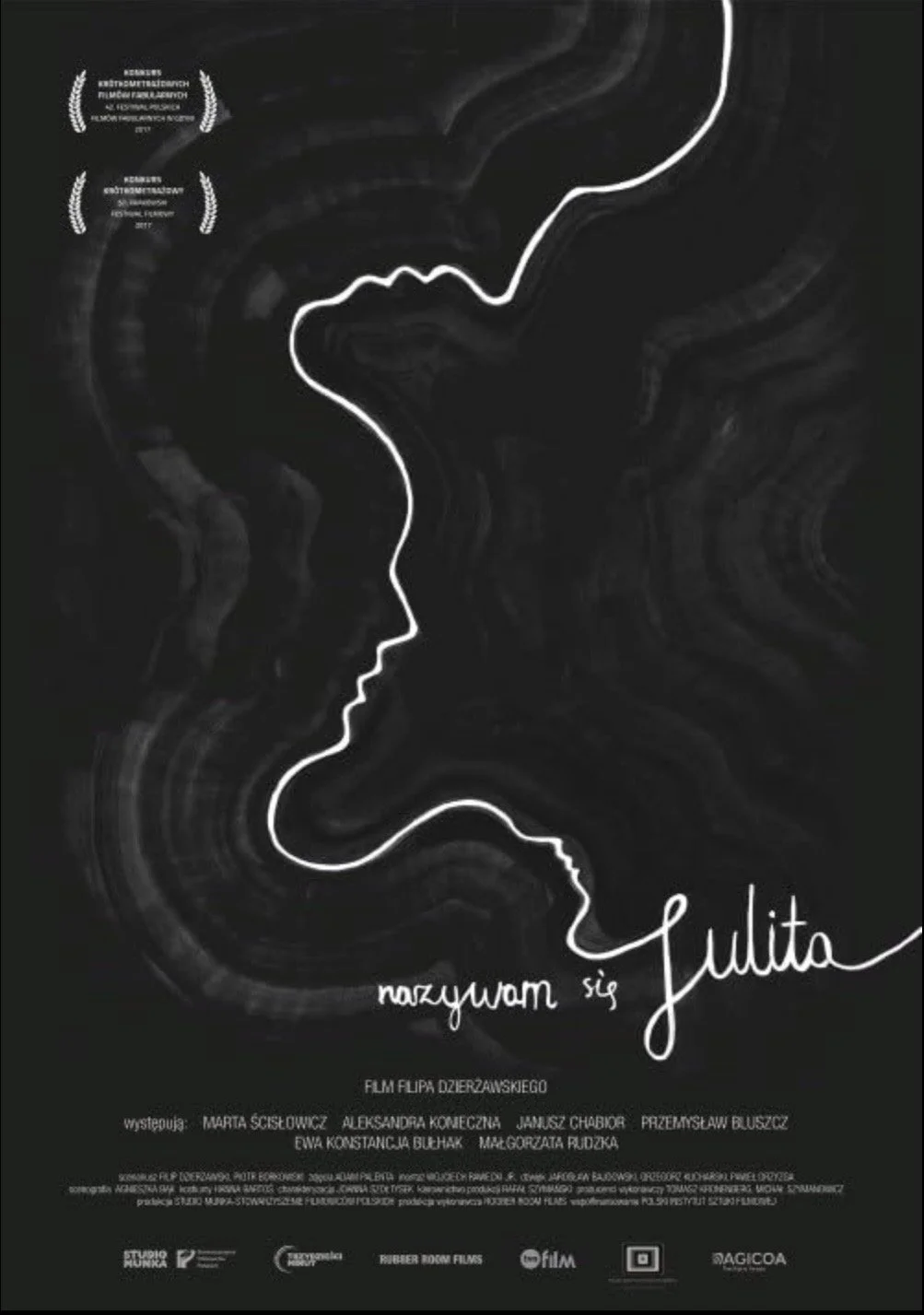 Neon outline of two faces looking at each other, with text in Polish including the title 'nazywam się Julita' and credits for a film by Filip Dzierzawski.