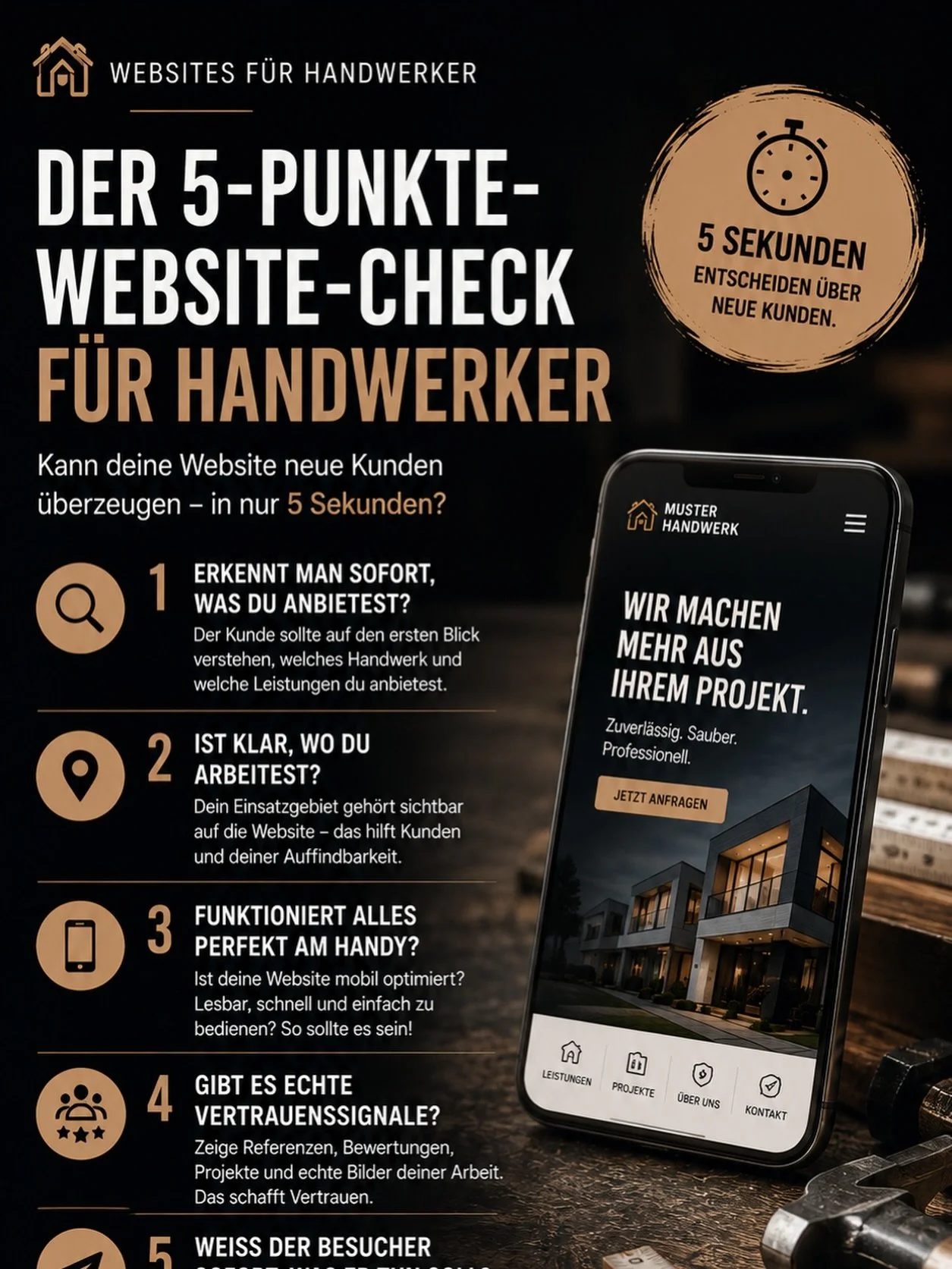 🔨 5 SEKUNDEN. MEHR BRAUCHT EIN KUNDE OFT NICHT, UM DEINE WEBSITE ZU BEWERTEN.

&Ouml;ffne deine eigene Website einmal auf dem Smartphone und stell dir vor, du w&auml;rst ein neuer Kunde.

Kannst du diese 5 Fragen sofort mit JA beantworten? 👇

✅ 1. 