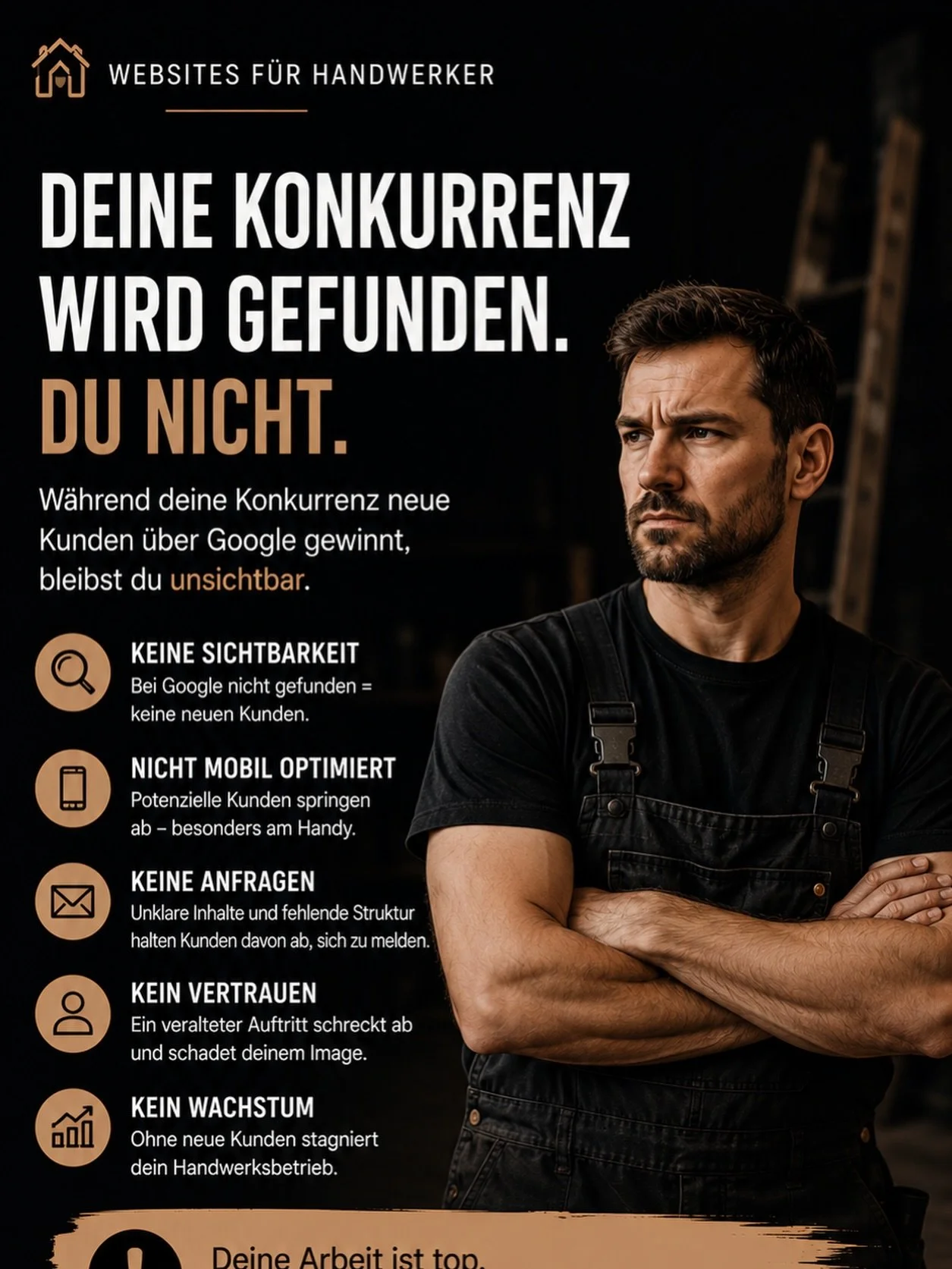 🔨 DEINE KONKURRENZ WIRD GEFUNDEN. DU NICHT.

Deine Arbeit ist gut.
Deine Kunden sind zufrieden.
Aber wenn dich neue Kunden bei Google nicht finden, bringt dir das online wenig. 👀

W&auml;hrend andere Handwerksbetriebe regelm&auml;&szlig;ig neue Anf