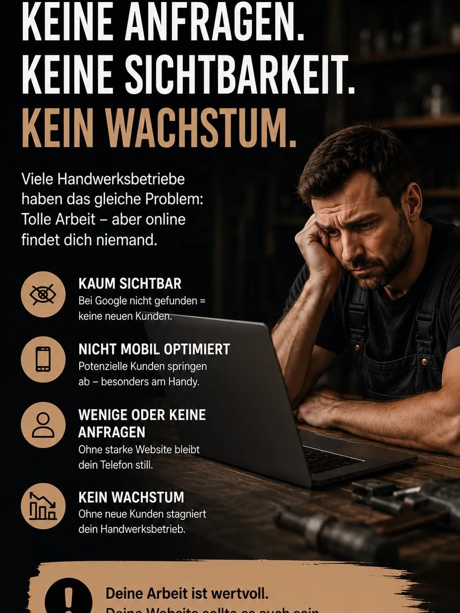 🚀 MEHR KUNDEN. MEHR AUFTR&Auml;GE. MEHR ZEIT F&Uuml;R DEIN HANDWERK.

Du bist Handwerker &ndash; kein Webdesigner. 🔨
Und genau deshalb sollte deine Website f&uuml;r dich arbeiten, w&auml;hrend du dich um deine Kunden und Auftr&auml;ge k&uuml;mmerst