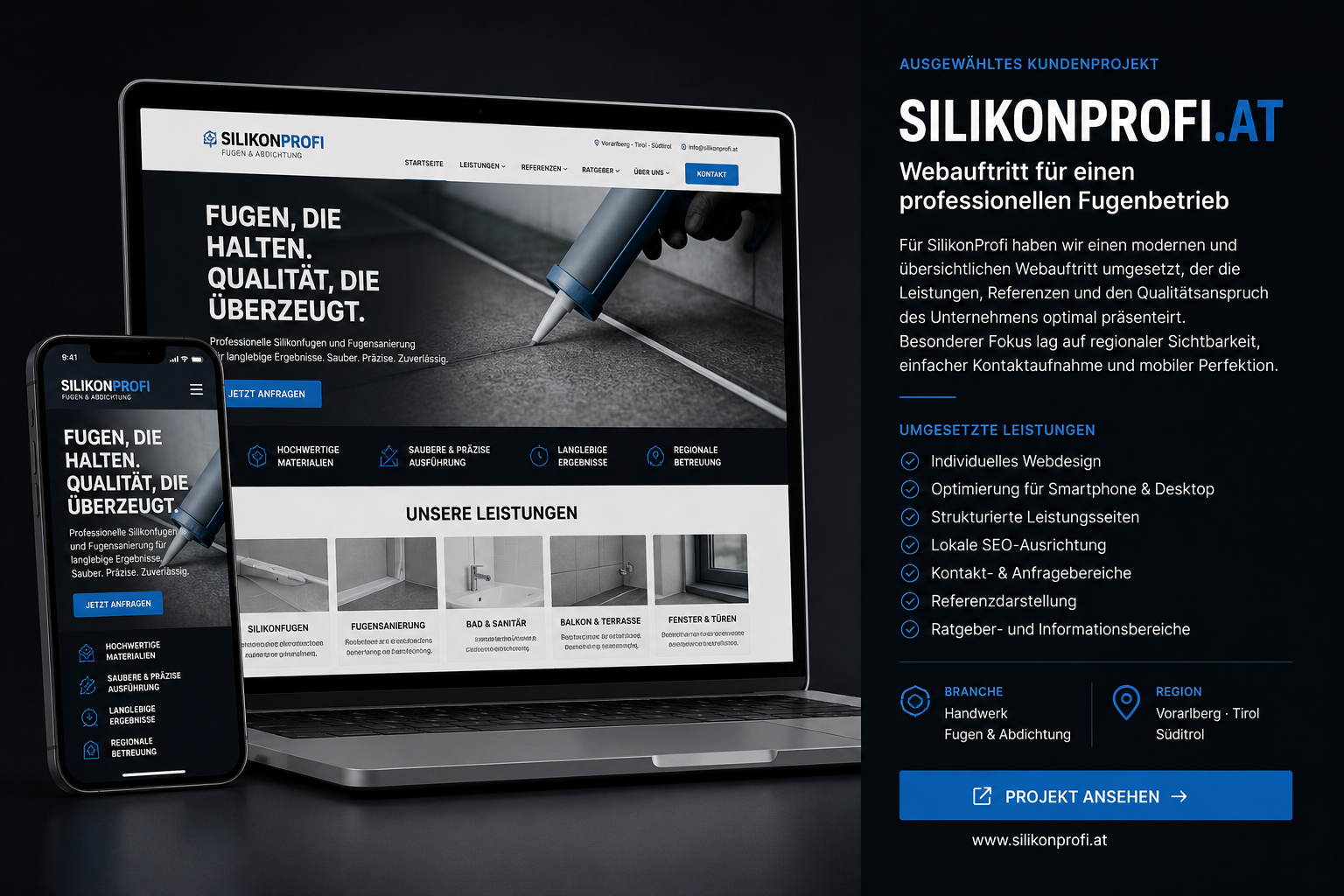 Für SilikonProfi haben wir einen umfangreichen Webauftritt rund um Silikonfugen, Fugensanierung und weitere spezialisierte Fugenarbeiten umgesetzt.