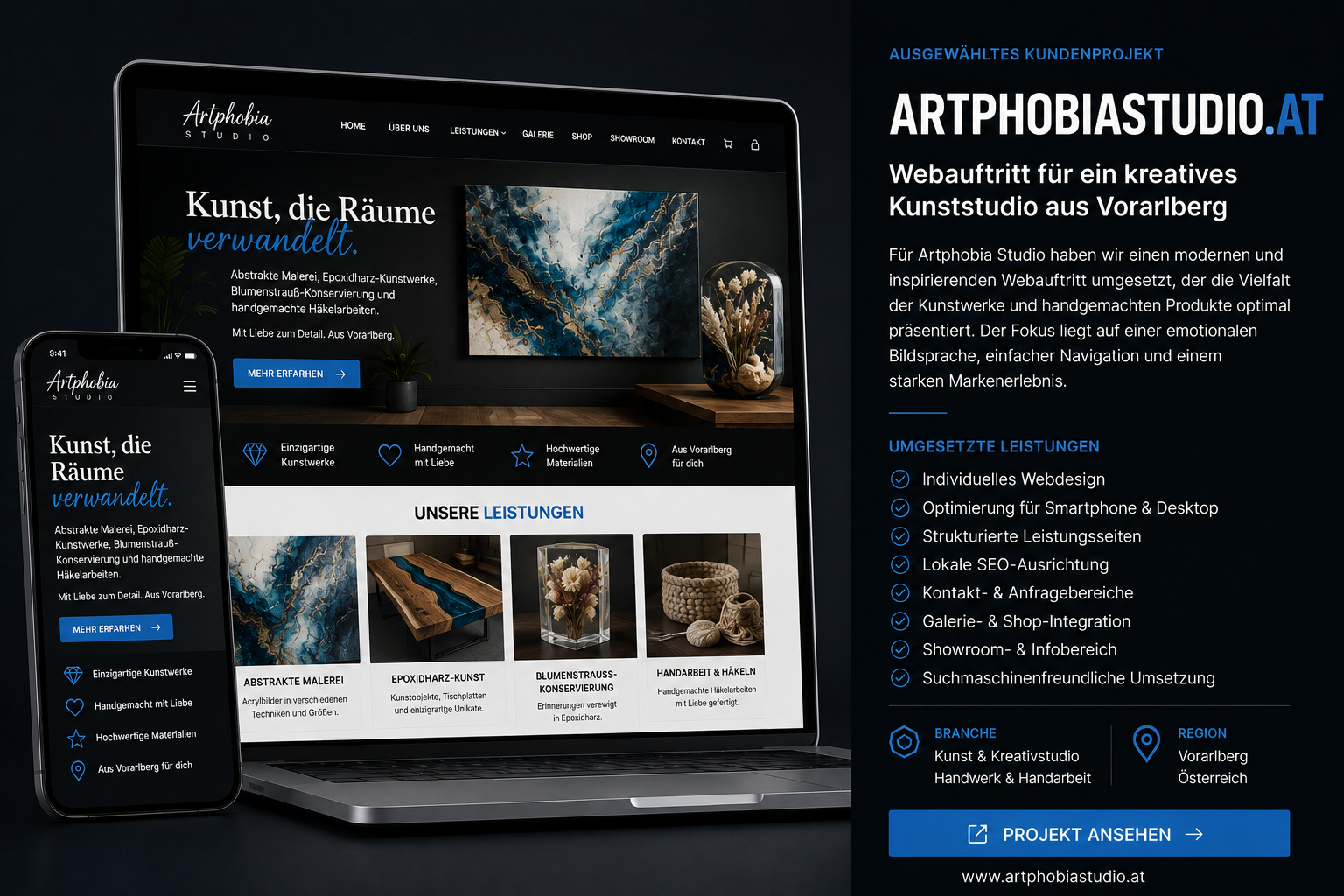 Kreativer Webauftritt für Artphobia Studio

Für Artphobia Studio haben wir einen modernen Webauftritt entwickelt, der Kunst, Handwerk und individuelle Produkte hochwertig in Szene setzt. Das Design verbindet eine starke visuelle Wirkung mit einer kla
