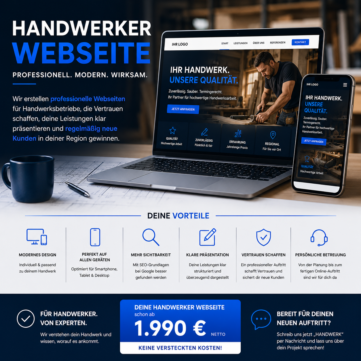 Handwerker-Websites
Professionell auftreten und mehr Anfragen erhalten.

Wir erstellen moderne Websites speziell für Handwerksbetriebe. Klar aufgebaut, mobil optimiert und darauf ausgerichtet, eure Leistungen überzeugend zu präsentieren