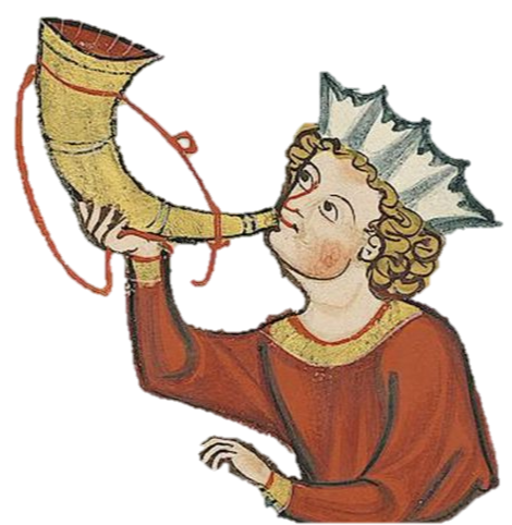 A historical illustration of a woman playing a horn, dressed in traditional clothing with a bonnet.