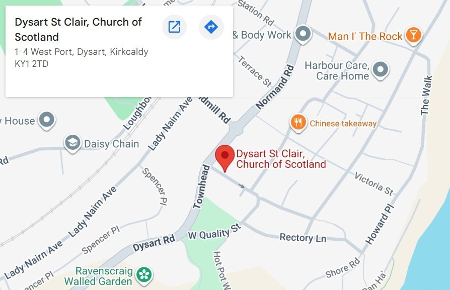 Map showing the location of Dysart St Clair, Church of Scotland at 1-4 West Port, Dysart, Kirkcaldy, with nearby streets, landmarks, and businesses including a Chinese takeaway, Harbour Care Care Home, and Man I The Rock bar.