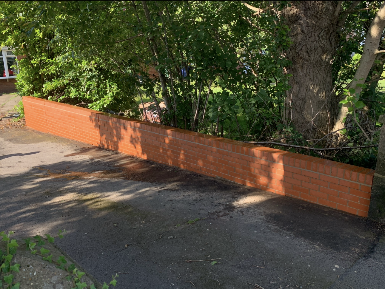 A red brick wall runs along the edge of a sidewalk, with green trees and foliage behind it, casting shadows on the ground.
