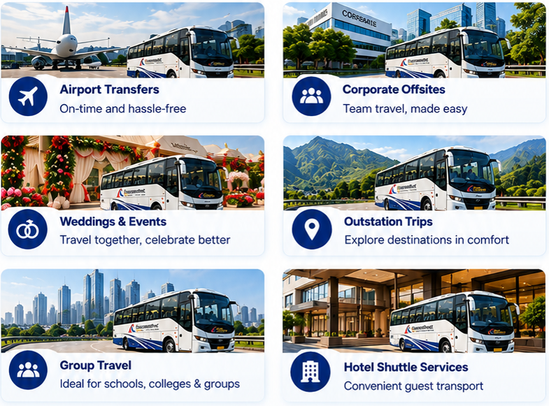 A digital brochure showcasing transportation services with six sections: Airport Transfers with an airplane and bus, Corporate Offsites with a building and bus, Weddings & Events with a decorated venue and bus, Outstation Trips with mountain scenery and bus, Group Travel with a city skyline and bus, and Hotel Shuttle Services with hotel entrance and bus.
