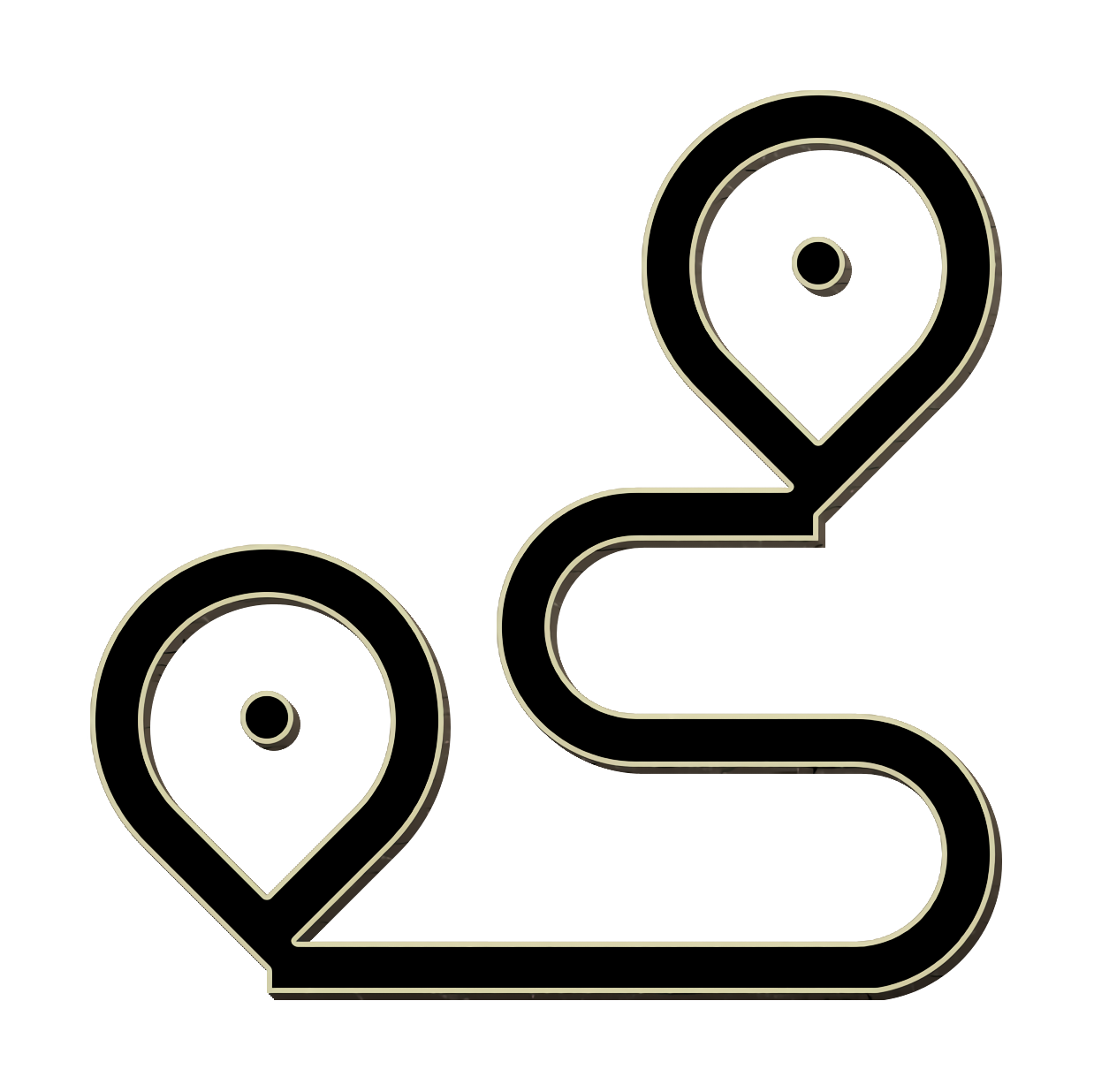 A stylized graphic of a map with two location pins connected by a curving line, representing navigation or route planning.