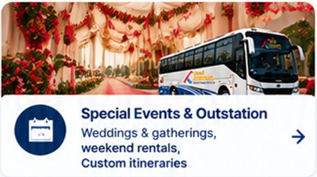 A promotional banner for a transportation company advertising services for weddings, gatherings, weekend rentals, and custom itineraries, with a bus in a decorated venue. Apex Commute bus rental service for group travel and events