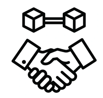 A diagram of a connected cube icon above a handshake icon.