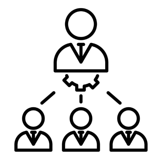 An organizational chart with a large person at the top connected to three smaller people below, symbolizing hierarchy or management.