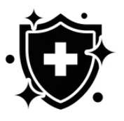 Icon of a shield with a cross in the center, surrounded by sparkles.
