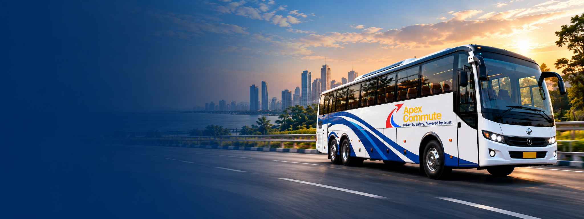 A white bus with blue and orange graphics on the side, labeled 'Apex Commute,' driving on a highway with a city skyline and sunset in the background.