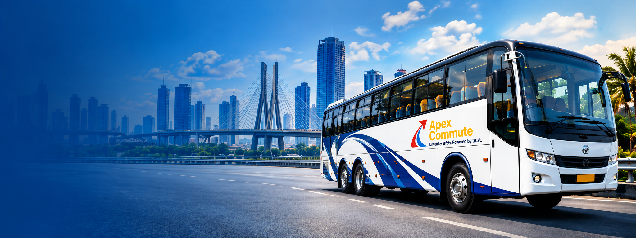 A white bus with blue and orange branding that reads 'Apex Commute' is driving on a highway in front of a city skyline with tall skyscrapers and a bridge. The sky is partly cloudy.