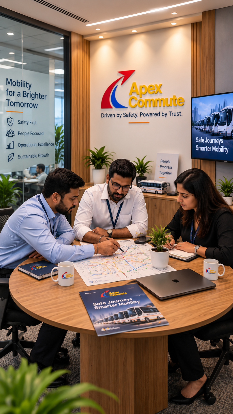 Three business professionals, two men and one woman, seated around a wooden conference table reviewing a city transit map. The table has a laptop, mugs, a brochure, and a potted plant. Behind them is a wall with a large 'Apex Commute' logo, a poster with transportation priorities, and a digital screen displaying buses. The office features modern decor and large windows.