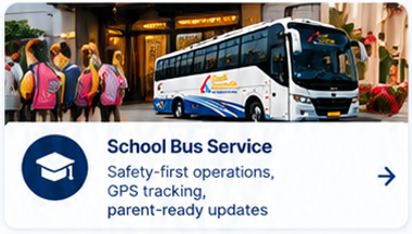 School bus parked outside with students boarding, advertising school bus service with safety, GPS tracking, and parent updates. Apex Commute school bus providing safe student transportation