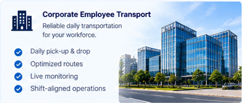 An informational graphic for corporate employee transportation services showing a cityscape with modern glass buildings, trees, and a road.
