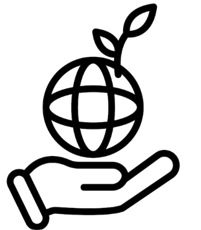 A black line drawing of a hand holding a globe with a sprouting plant on top, symbolizing environmental awareness and sustainability.