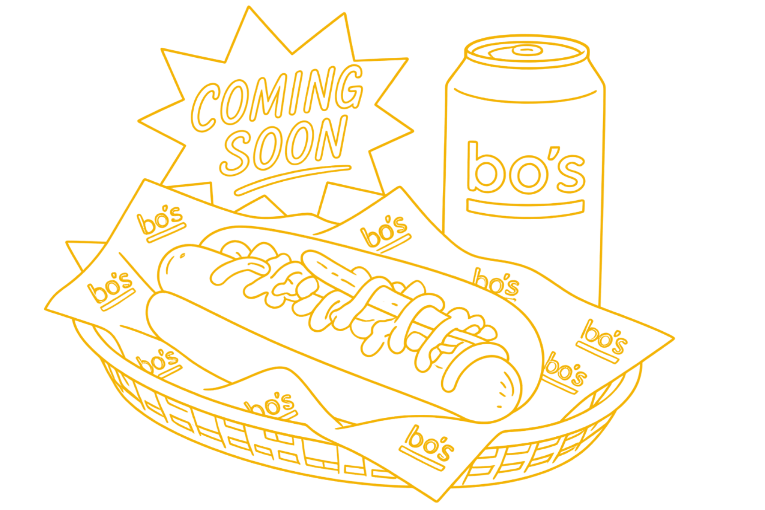 Line drawing of a hot dog with mustard on a tray, a soft drink can labeled 'bo's,' and a sign that says 'Coming Soon' in bold letters.