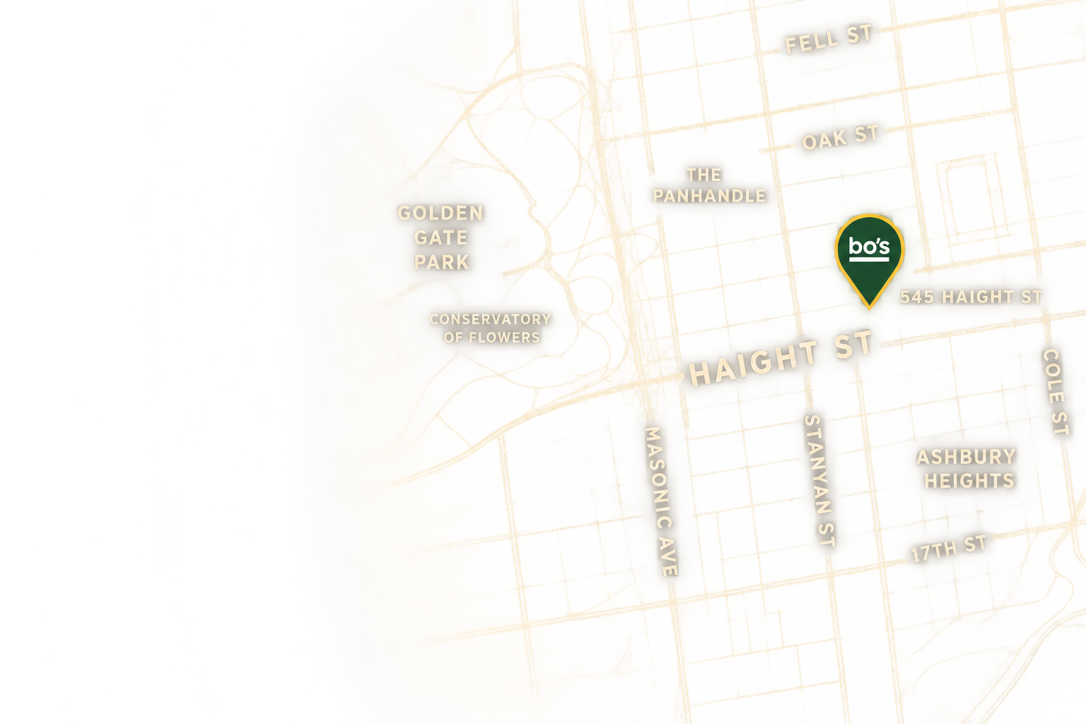 A map highlighting the location of Bo's, 545 Haight Street, with nearby streets and landmarks including Golden Gate Park, Conservatory of Flowers, and Haight Street.