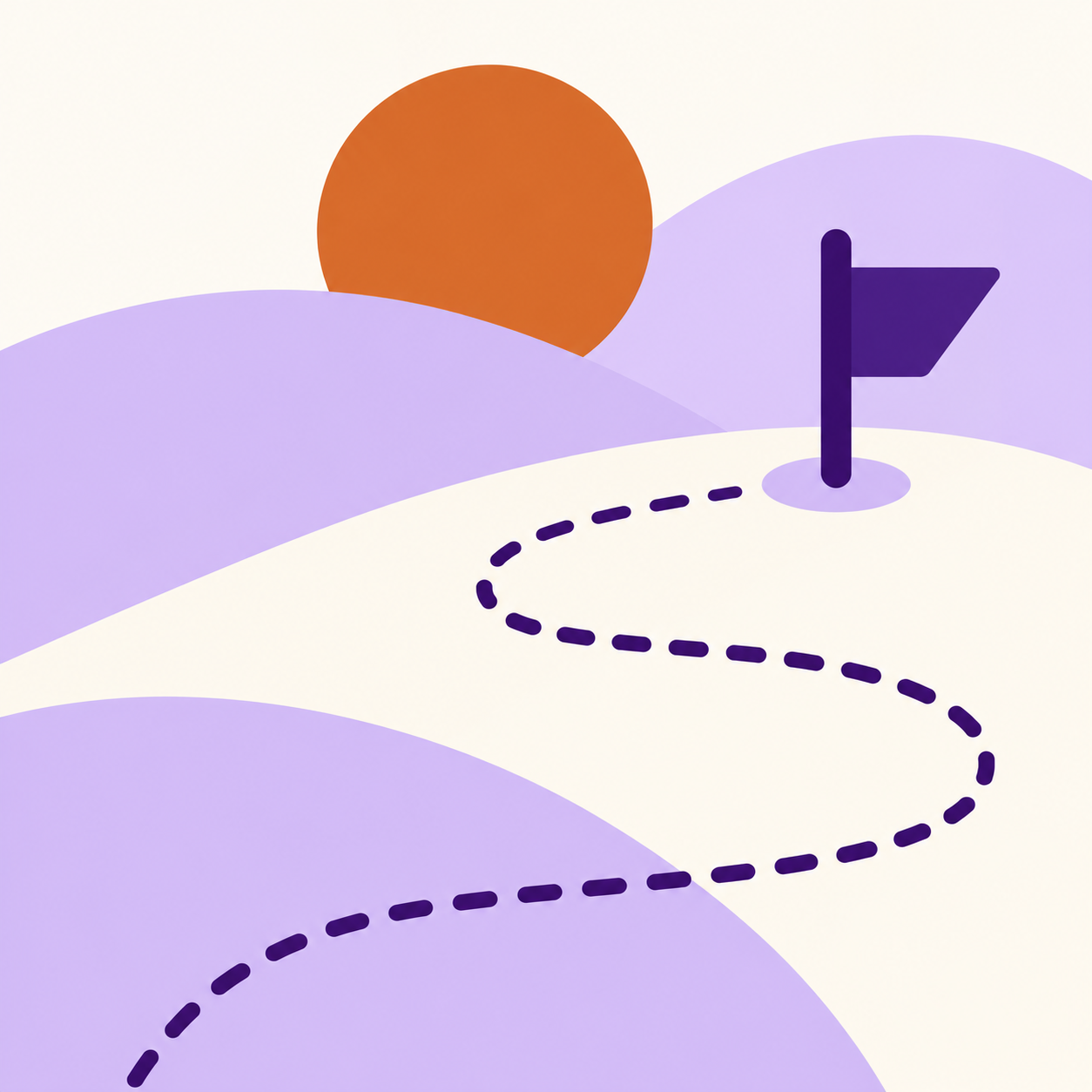 Abstract digital illustration of a landscape with a purple path leading to a flag on a hill and a red sun in the sky, featuring soft pastel colors and minimalistic design.