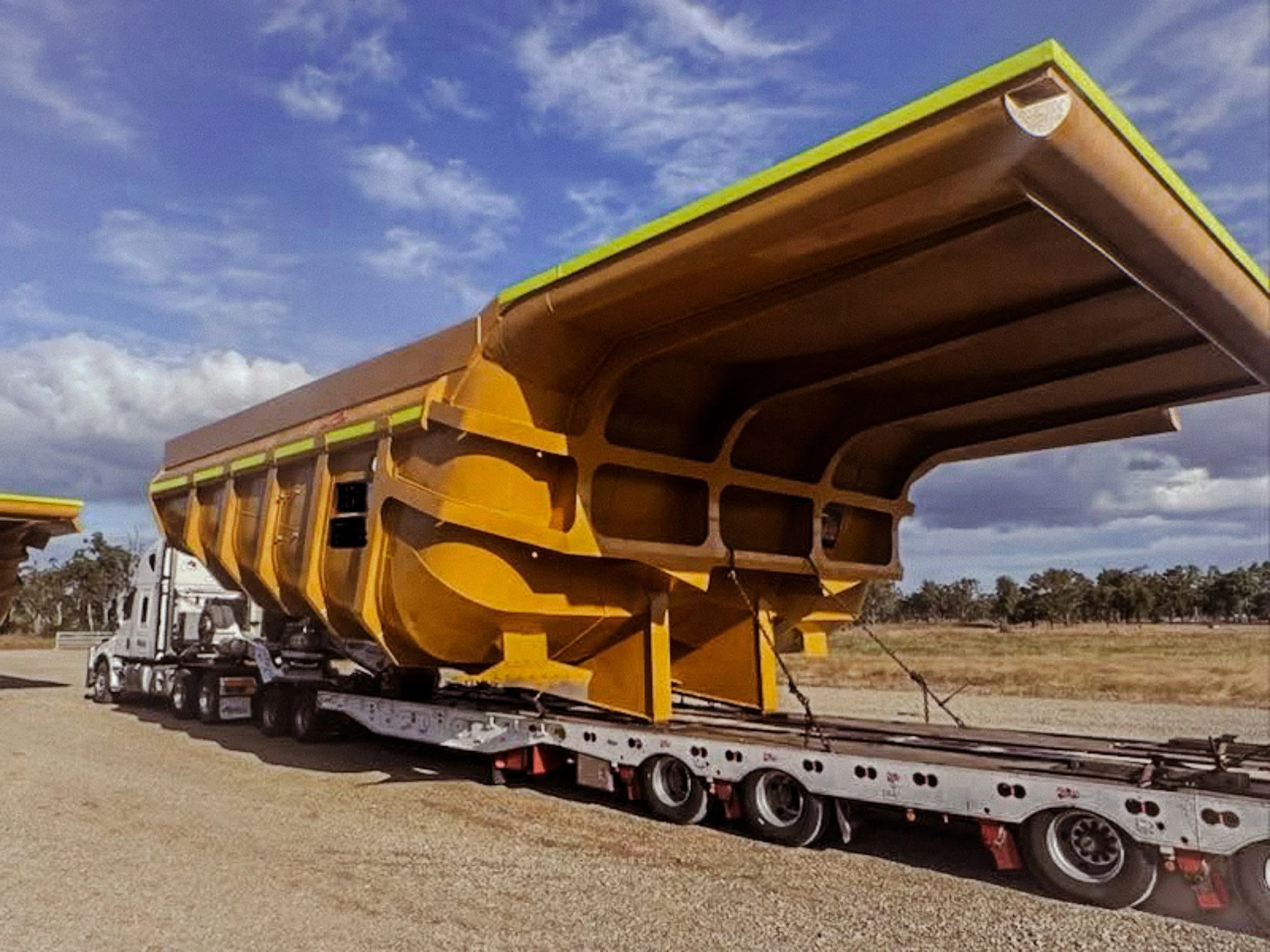 Refurbished mining haul-truck tray by CWS Heavy Maintenance Repairs, showing structural repair work underneath