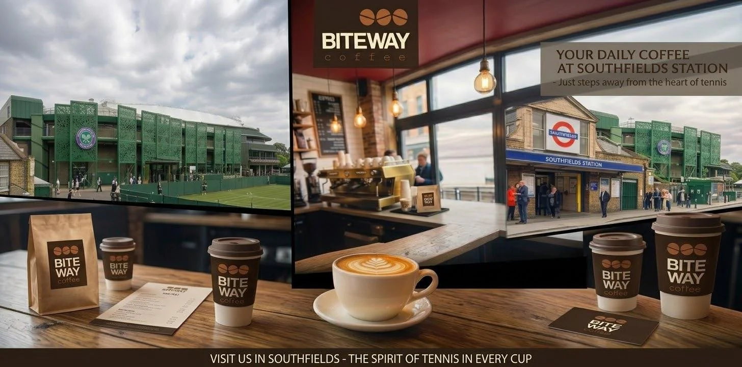 View of Southfields tennis stadium and station from inside a coffee shop, with cups of coffee on a wooden table.
