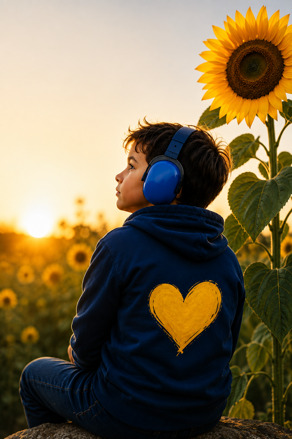 A boy wearing a blue hoodie with a yellow heart on the back and blue headphones, sitting on a log in a sunflower field at sunset, looking contemplatively to the side.
