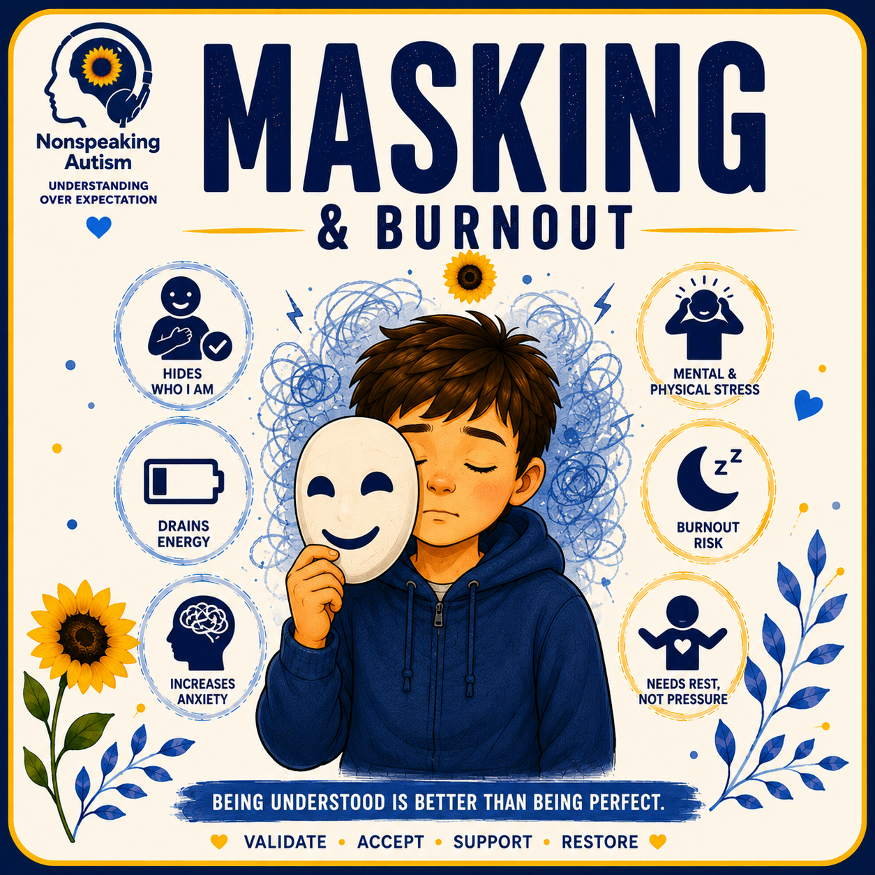 An infographic depicting the emotional and physical impact of masking and burnout on individuals with autism. Features a young boy with brown hair, holding a smiling face mask, with a background of scribbles and blue accents. Surrounding the boy are icons and text highlighting issues such as hiding identity, draining energy, increased anxiety, mental and physical stress, burnout risk, and the need for rest. The infographic emphasizes understanding over expectation and concludes with the message that being understood is better than being perfect, along with words like validate, accept, support, and restore.