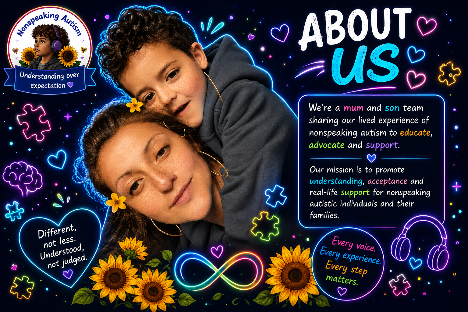 A poster about nonspeaking autism featuring a woman and a child with dark hair and freckles, surrounded by neon elements like hearts, puzzle pieces, and sunflowers. The poster includes text explaining their team efforts to educate, advocate, and support nonspeaking autistic individuals and their families, emphasizing understanding and acceptance.