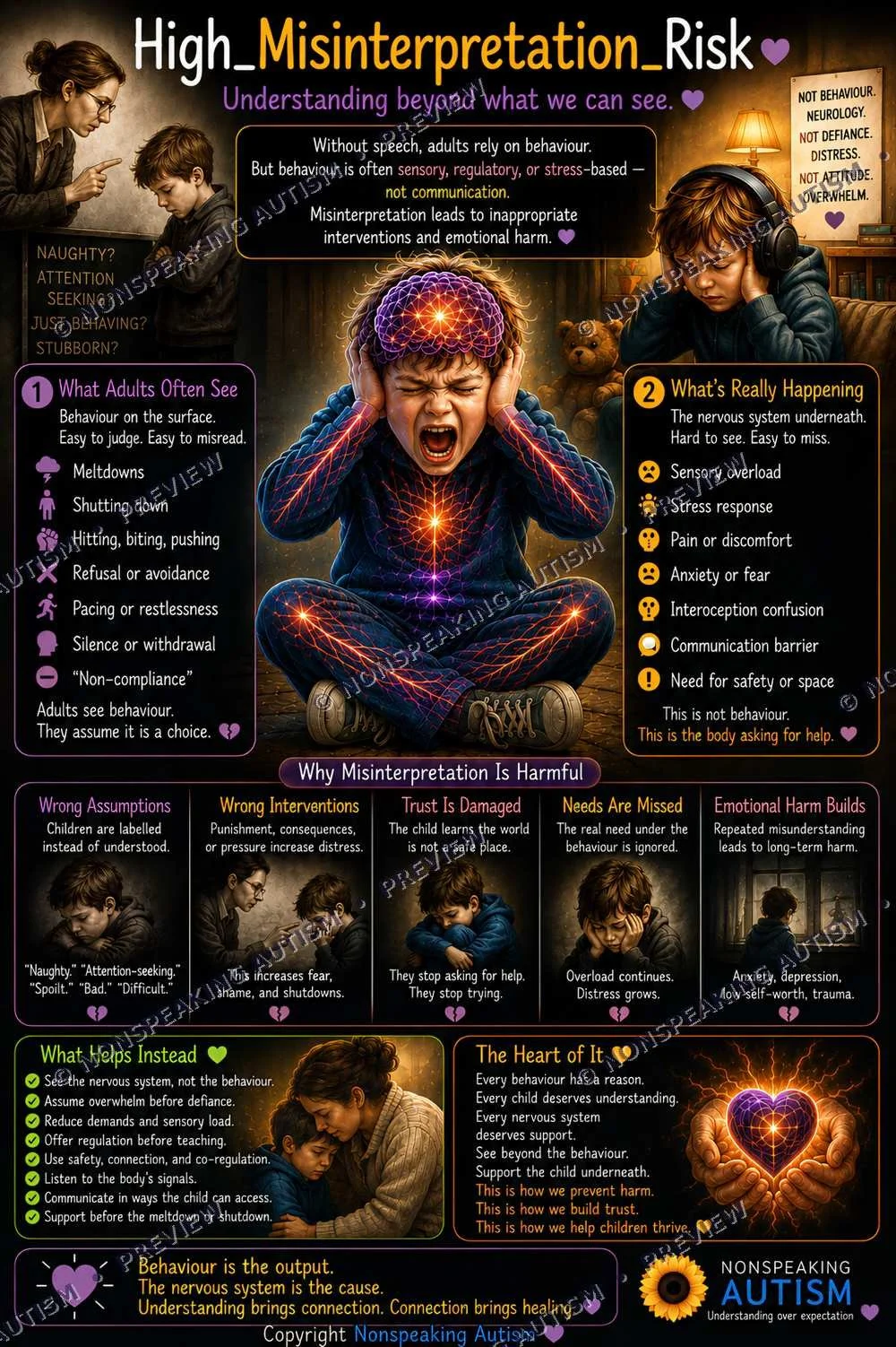 Infographic about misinterpretation risk in children with autism. Shows a child in distress, surrounded by icons representing sensory overload, stress, pain, anxiety, and communication barriers. Highlights the importance of understanding behavior bey