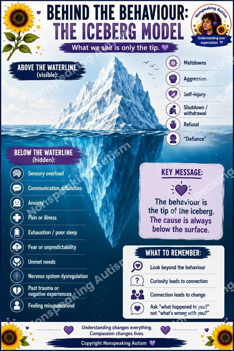 Image illustrating the iceberg model of behind-the-behavior in non-speaking autism, showing the visible above waterline behaviors like meltdowns, aggression, self-injury, shutdown, refusal, and defiance, and the hidden below waterline causes such as 