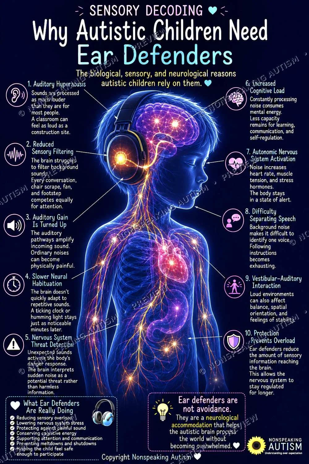 An infographic explaining why autistic children need ear defenders. It shows a digital illustration of a child's head with highlighted sensory and neurological areas, showing various reasons such as auditory hypersensitivity, sensory filtering, and n