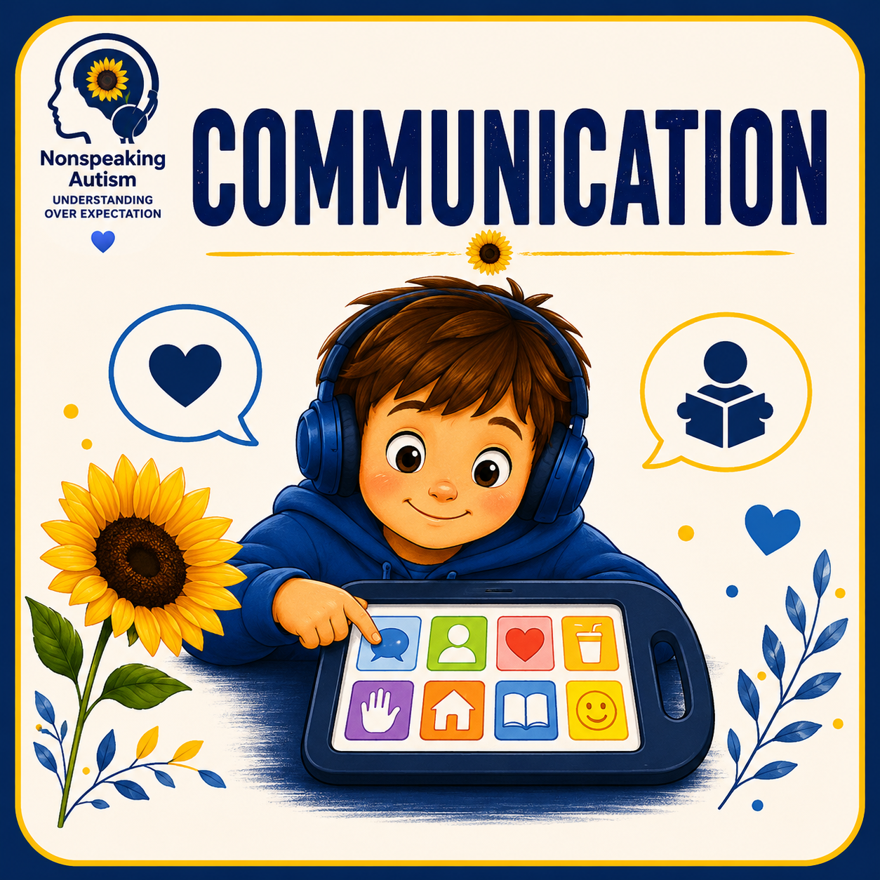 A young child with brown hair and big eyes wearing headphones, pointing at a tablet with colorful icons representing communication and learning. The background features sunflowers, hearts, and speech bubbles with symbols for love and reading, promoting autism awareness and understanding non-speaking autism.