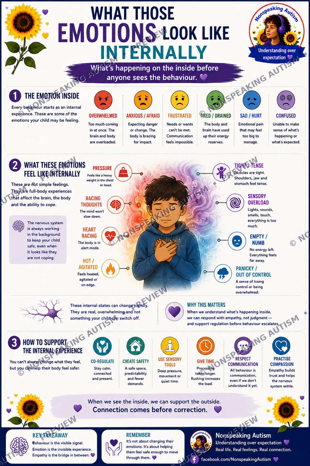 An infographic titled 'What Those Emotions Look Like Internally' features a young boy with hand on chest, amidst colorful icons representing feelings like pressure, racing thoughts, heart racing, hot/angry, tight/tense, sensory overload, empty/numb, 