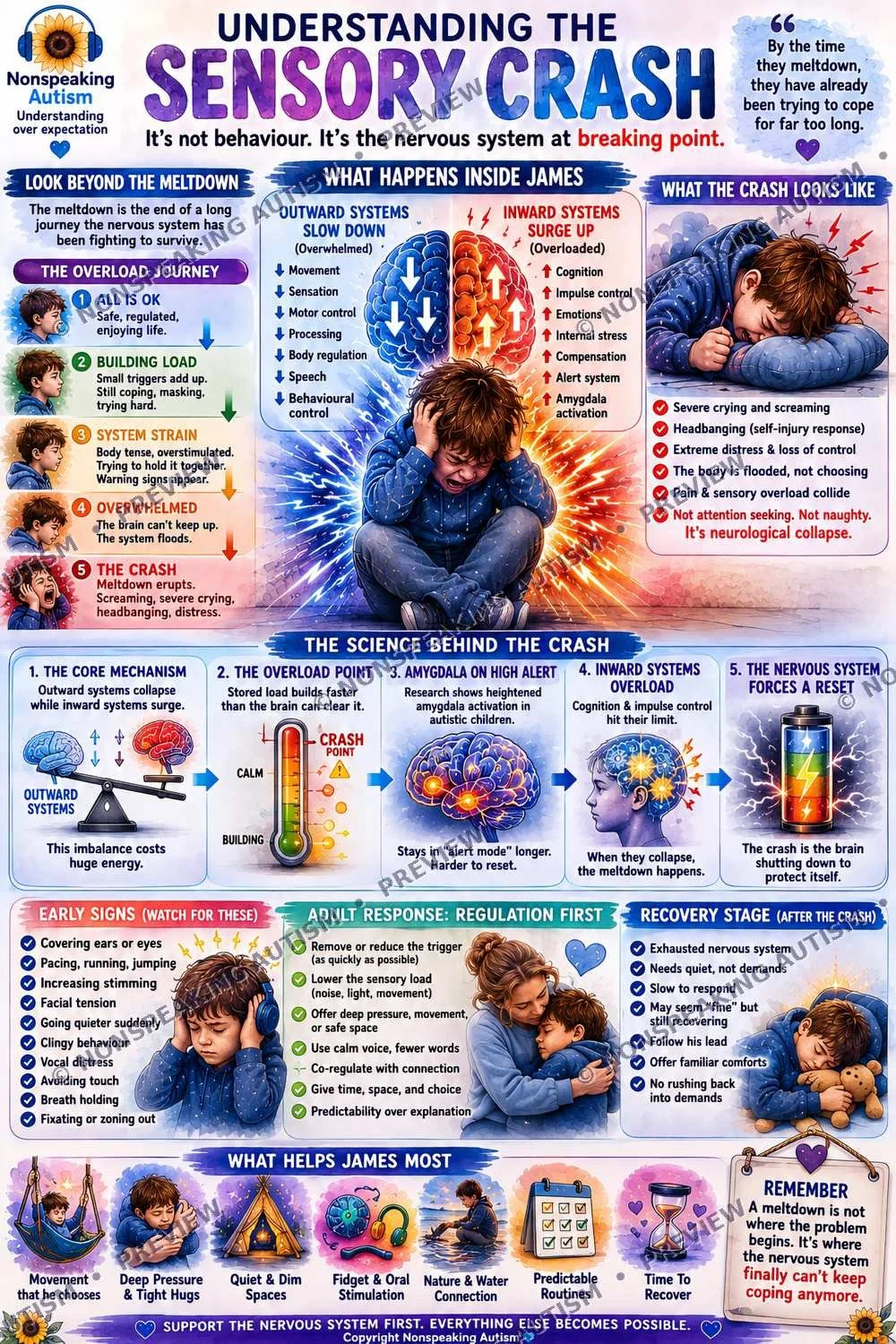 Infographic explaining how the sensory system and brain respond to a meltdown in children with autism. It shows the stages of overload, the science behind the crash, early signs, adult response, recovery, and tips on what helps children like James co