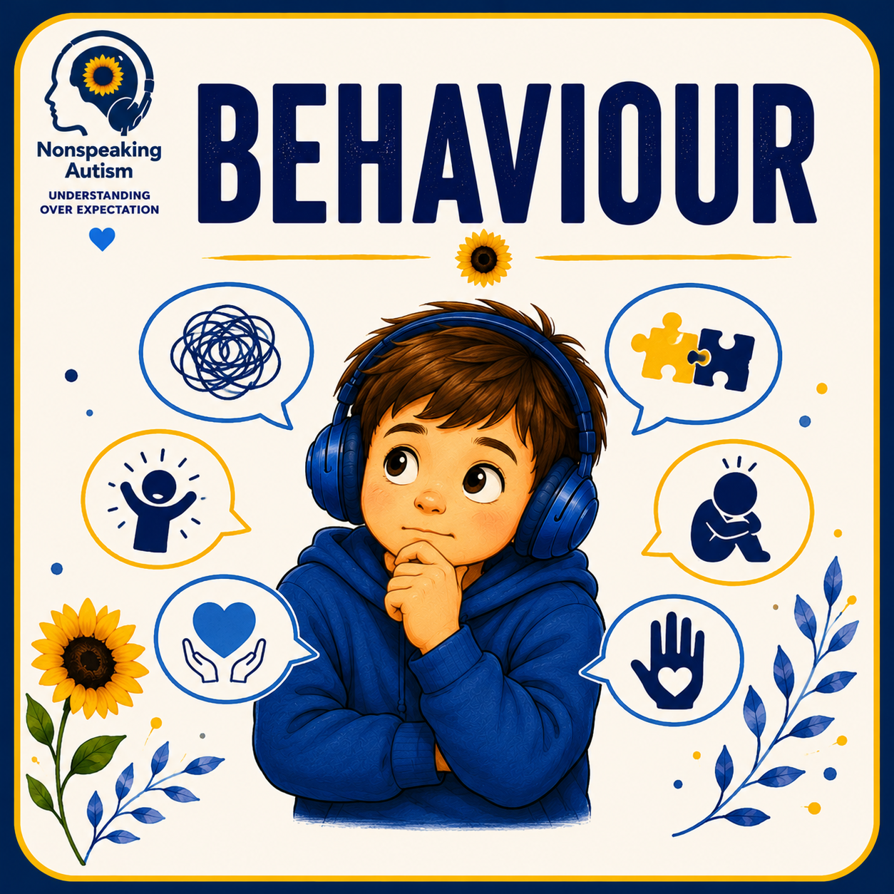 Cover of a book titled 'Behavior' about understanding non-speaking autism. The cover features a young boy with headphones, surrounded by speech bubbles with icons representing feelings, communication, and needs, with sunflower and leaf decorations.