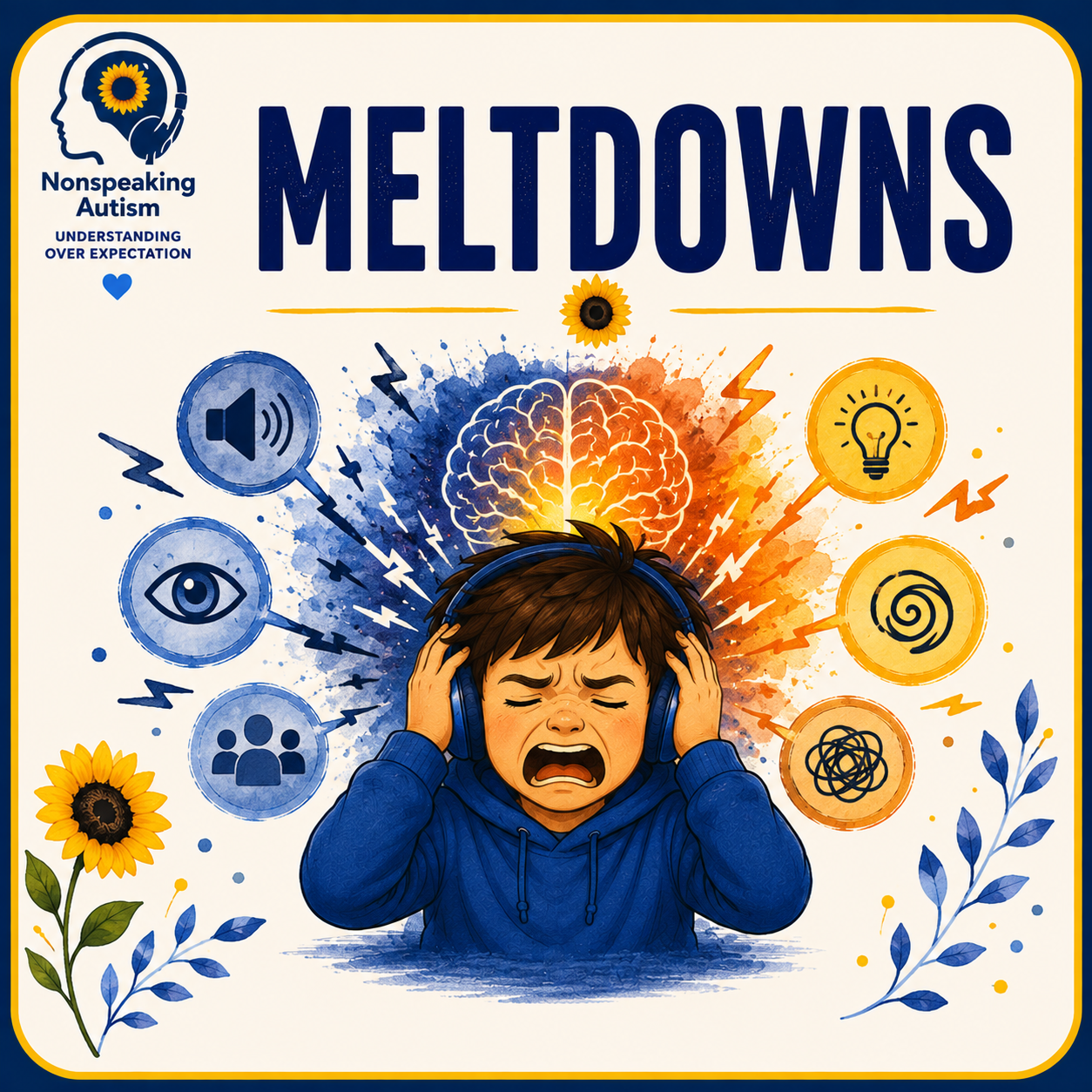 Illustration of a young boy with headphones looking distressed, surrounded by colorful brain and energy icons representing stressors related to non-speaking autism and meltdowns, with sunflower and plant decorations.