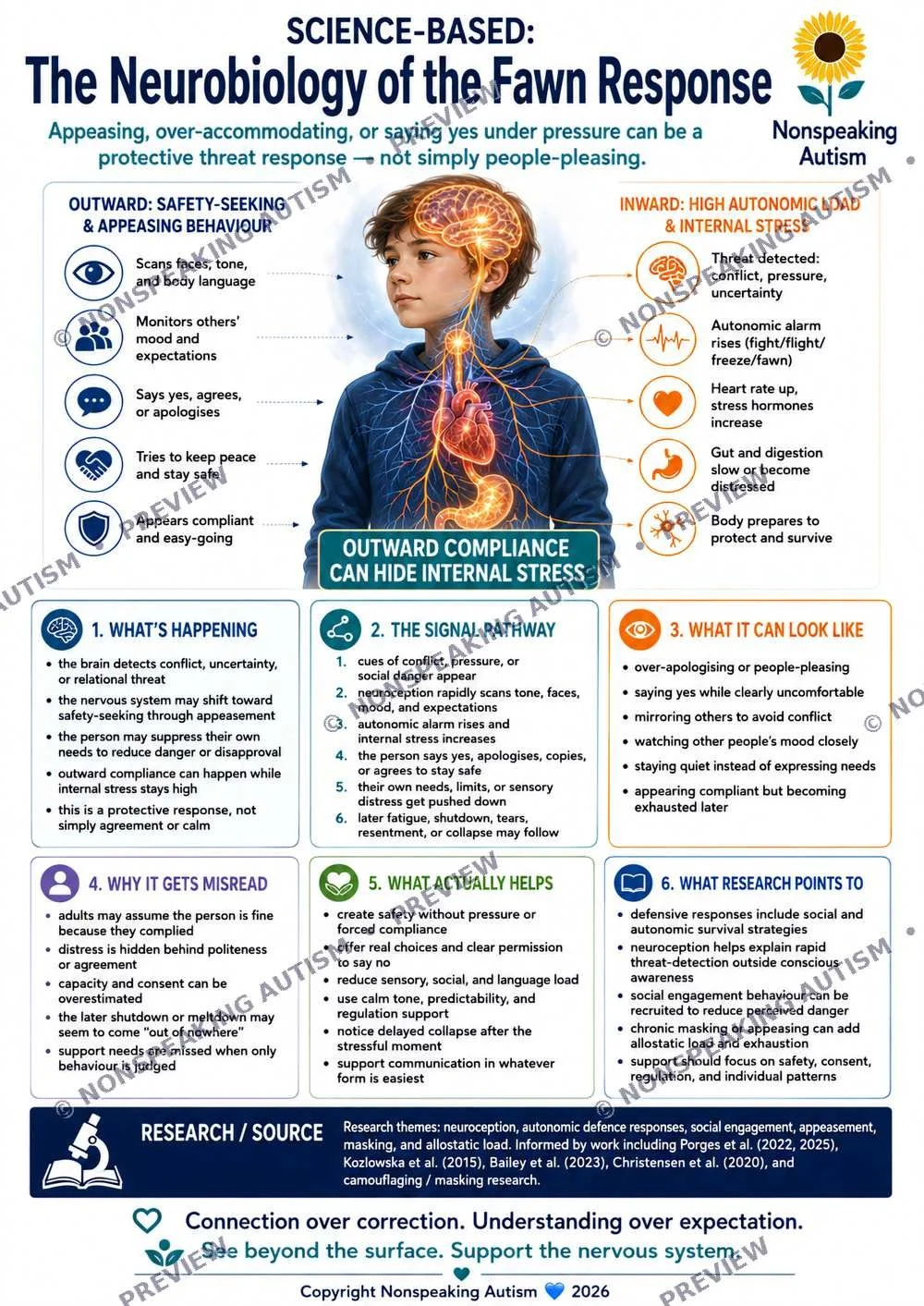 An infographic detailing the neurobiology of the fawn response, emphasizing science-based understanding. It explains outward safety-seeking and appeasing behaviors, inward high autonomic load and stress, and how outward compliance can hide internal s