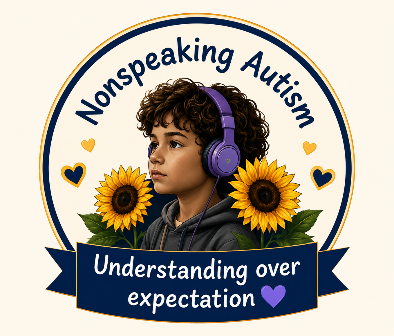 Graphic with a young person listening to headphones, surrounded by sunflowers and hearts, with the text 'Nonspoken Autism' and 'Understanding over expectation'.