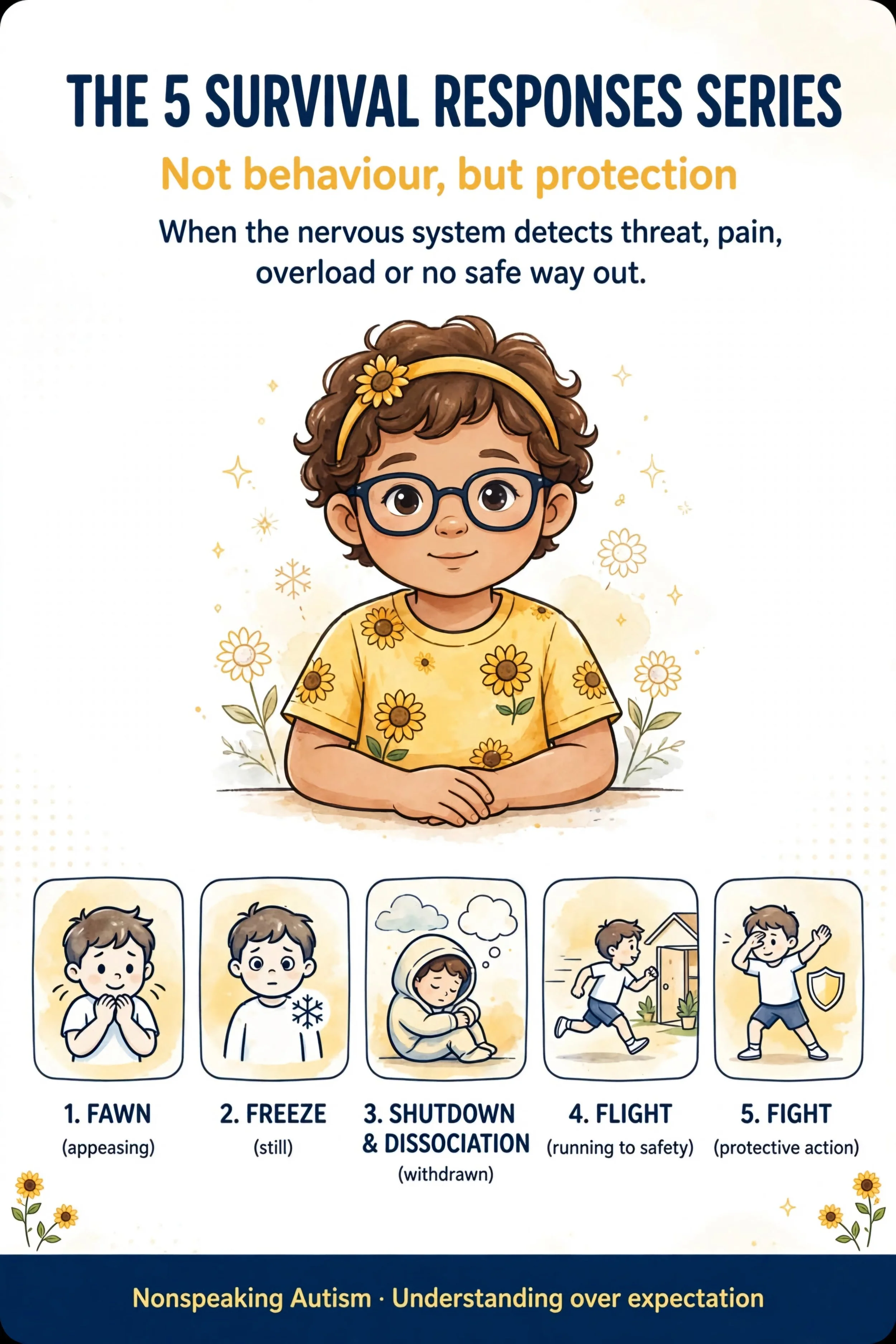 An educational illustration explaining five survival responses associated with non-speaking autism and understanding over-expectation. It features a child with glasses and a yellow floral shirt, and shows five images with labels: 1. Fawn (appeasing), 2. Freeze (still), 3. Shutdown & Dissociation (withdrawn), 4. Flight (running to safety), 5. Fight (protective action). The background has decorative flowers and stars, with a heading and description of the responses.