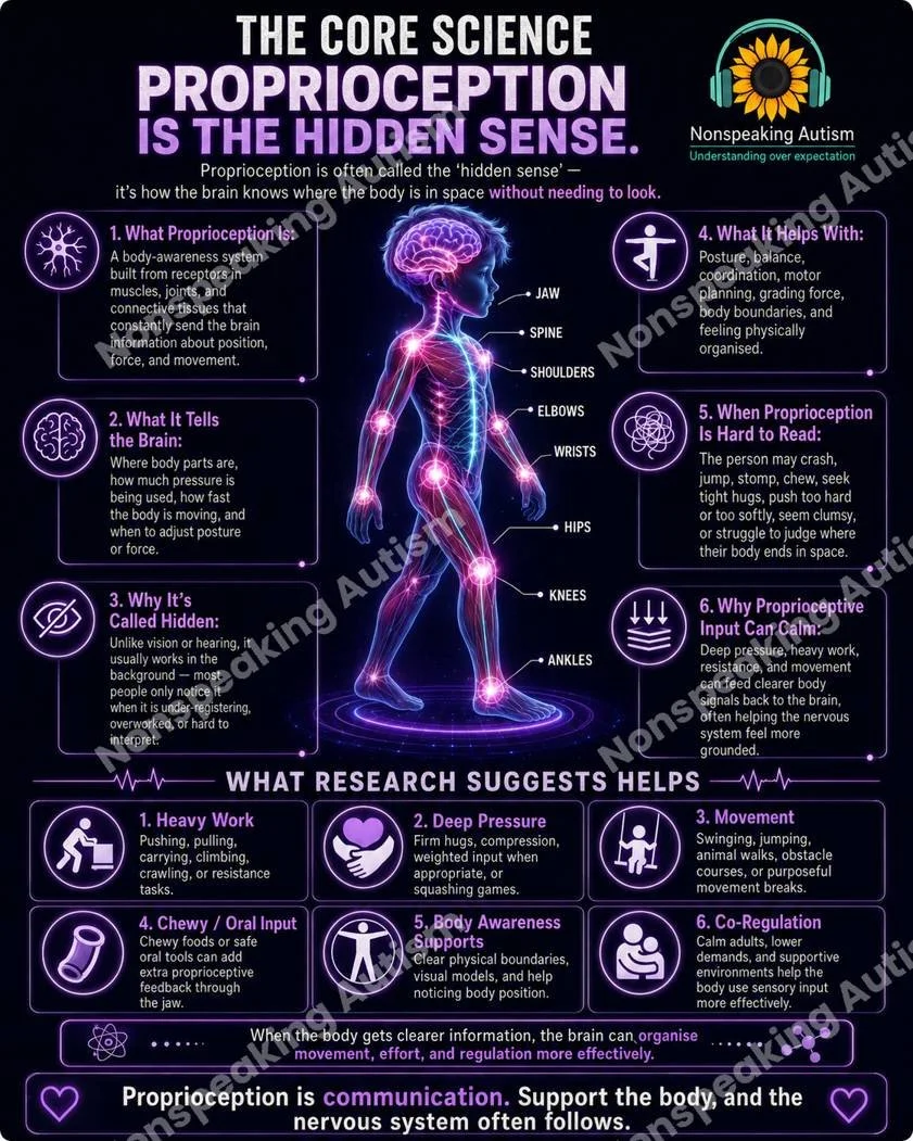 Infographic about propriception, showing a human body diagram highlighting joints, with text explaining what propriception is and how it helps with posture, balance, and movement, and listing research-backed ways to improve it.