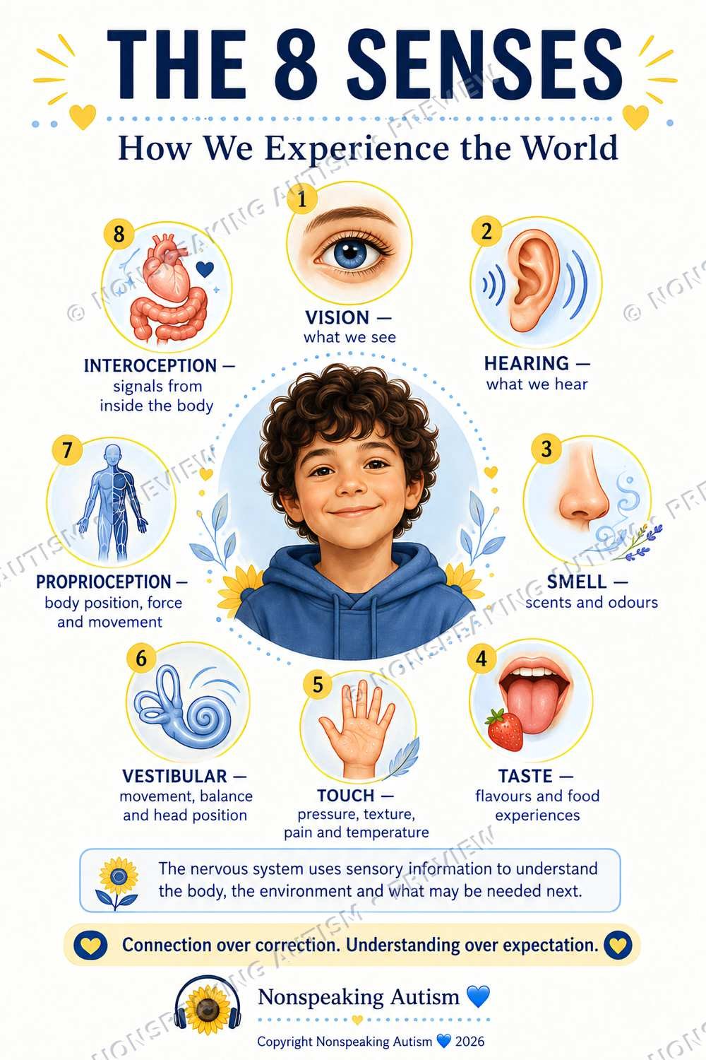 An infographic illustrating the 8 senses of the human body with a picture of a smiling boy at the center. The senses are vision, hearing, smell, taste, touch, vestibular, proprioception, and interoception, each represented with a corresponding graphi