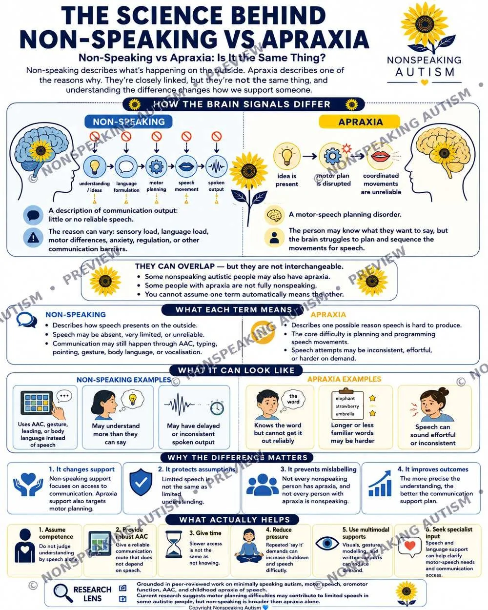 An infographic titled 'The Science Behind Non-Speaking vs Apraxia,' explaining differences in brain signals, definitions, examples, and the importance of understanding non-speaking and apraxia in autism.