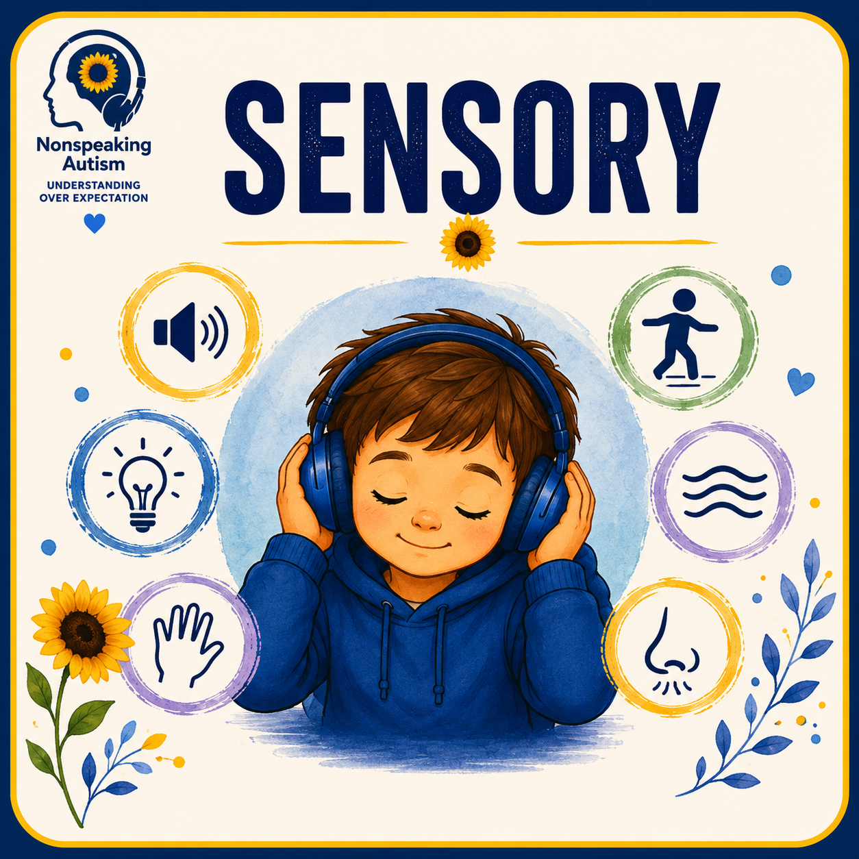 Illustration of a child with brown hair and closed eyes wearing blue headphones, representing sensory processing for non-speaking autism, surrounded by icons for sound, light, hand touch, walking, waves, and smell, with sunflowers and decorative leaves.