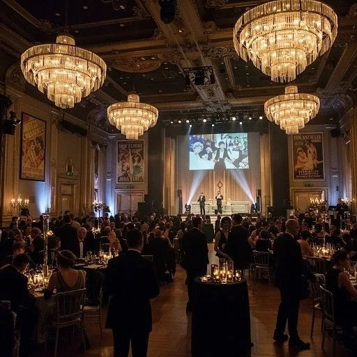 A formal event with guests seated at round tables in an elegant ballroom with ornate chandeliers, watching a stage performance projected on a large screen.