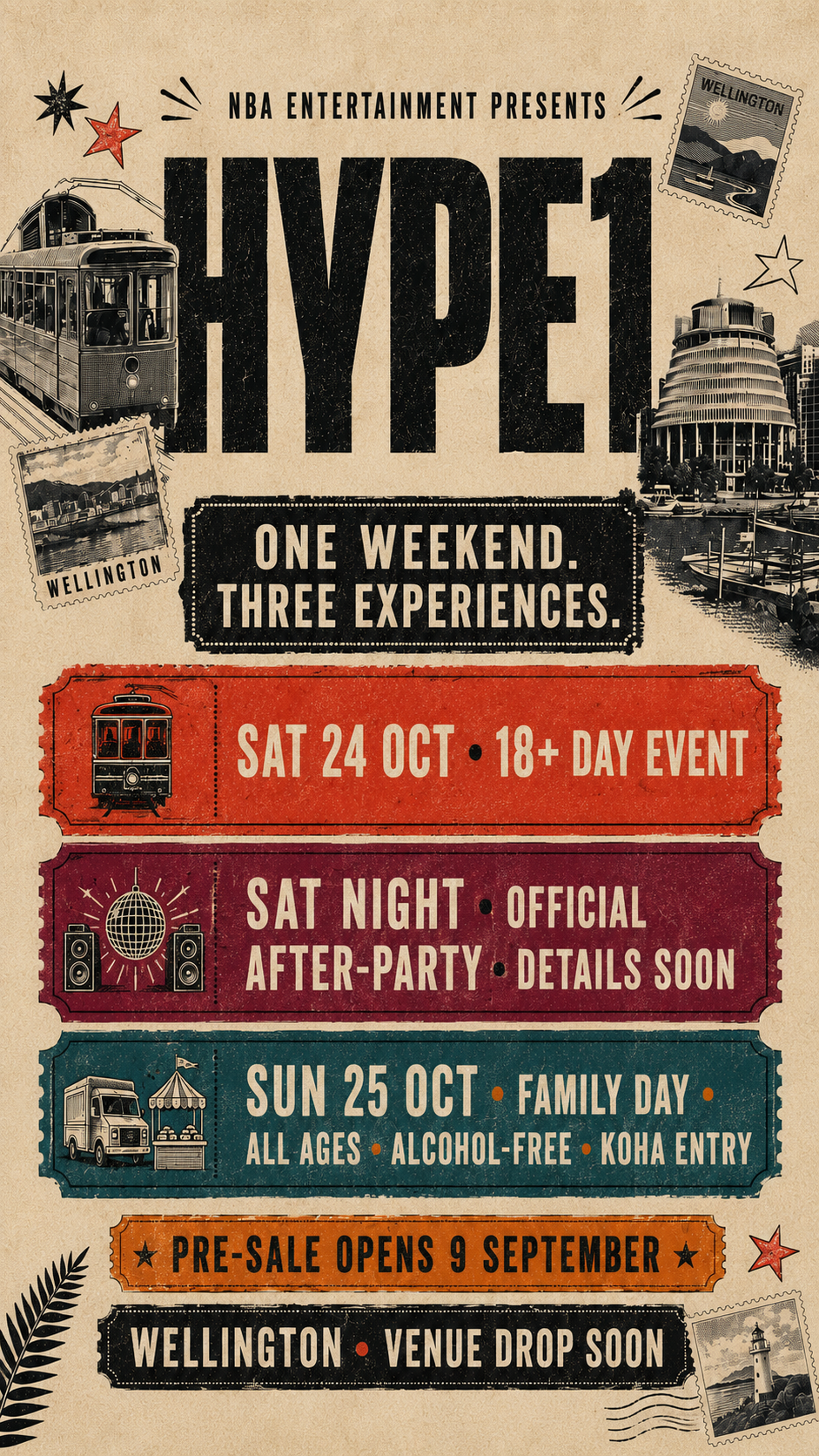 Event poster for 'Hype1' featuring transportation images, stamps, and information about a weekend event in Wellington, New Zealand, including dates, activities, and entry details.